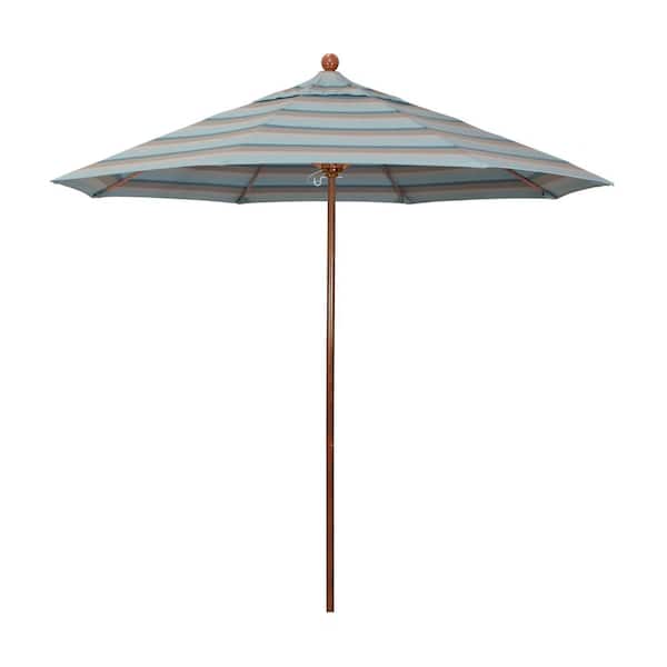 California Umbrella 9 ft. Woodgrain Aluminum Commercial Market Patio Umbrella Fiberglass Ribs and Push Lift in Gateway Mist Sunbrella