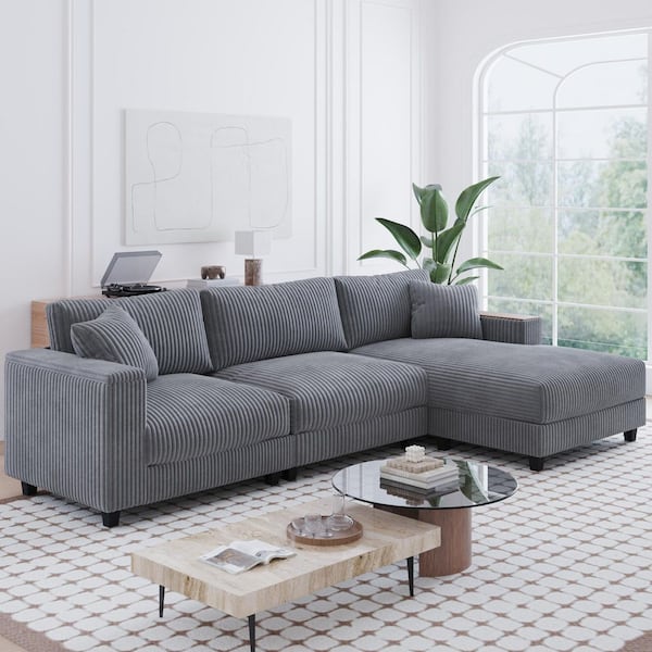 114.56 in. Corduroy Upholstery Sectional Sofa in Gray with 2-Storage Armrests, 2-Pillows, Reversible Chaise