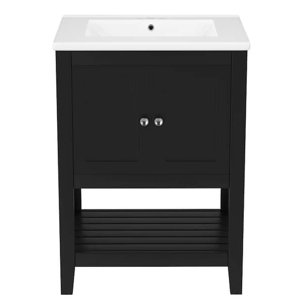 24 in. Single Sink Freestanding Black Bath Vanity with White Ceramic Top, Solid Wood Frame, and Open Shelf, Assembled