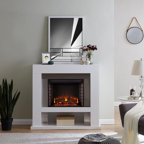 Southern Enterprises Allianne Stainless Steel 44 in. Electric Fireplace in White and Stainless Steel