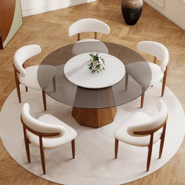 Modern 59.05 in. Black Round Rotable Lazy Susan Tempered Glass Tabletop with Walnut Pedestal Base Dining Table (Seats 8)