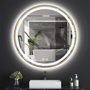 24 in. W x 24 in. H Round Aluminum Framed LED Light with 3-Color and Anti-Fog Wall Mount Bathroom Vanity Mirror in Gold