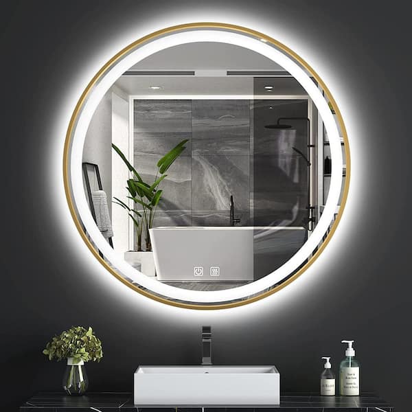 ELLO&ALLO 24 in. W x 24 in. H Round Aluminum Framed LED Light with 3-Color and Anti-Fog Wall Mount Bathroom Vanity Mirror in Gold