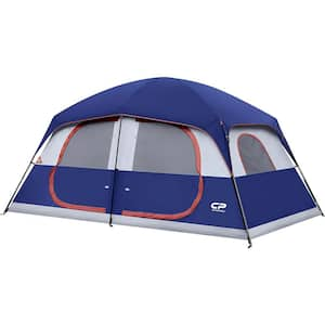 Blue 9/12 Person Camping Tents, Weather Resistant Family Tent, 6 Large Mesh Windows, Double Layer, Divided Curtain