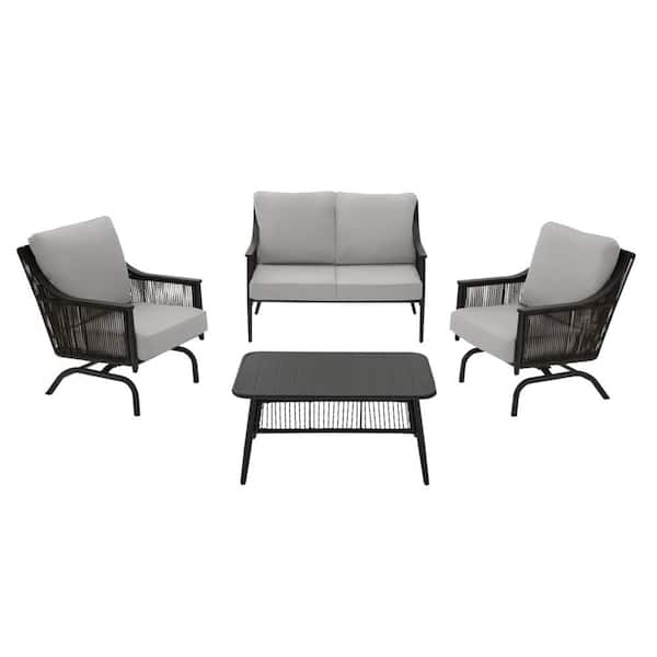 Hampton Bay Bayhurst 4-Piece Black Wicker Outdoor Patio Conversation Seating Set with CushionGuard Stone Gray Cushions