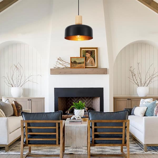 1 Light Black Wood Industrial Dome Pendant for Dining Room Storage Room No Bulbs Included