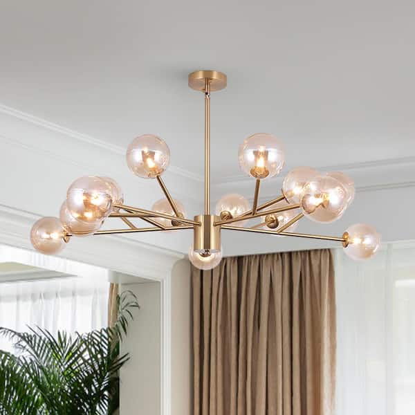 Y'INSP 15-Light Metal Gold Bronze Stupnik Modern Linear Chandelier with Amber Glass Globle Shades