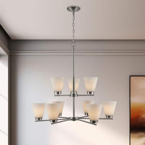 Fifer 9-Light Brushed Nickel Tiered Chandelier Light Fixture with Frosted Glass Shades