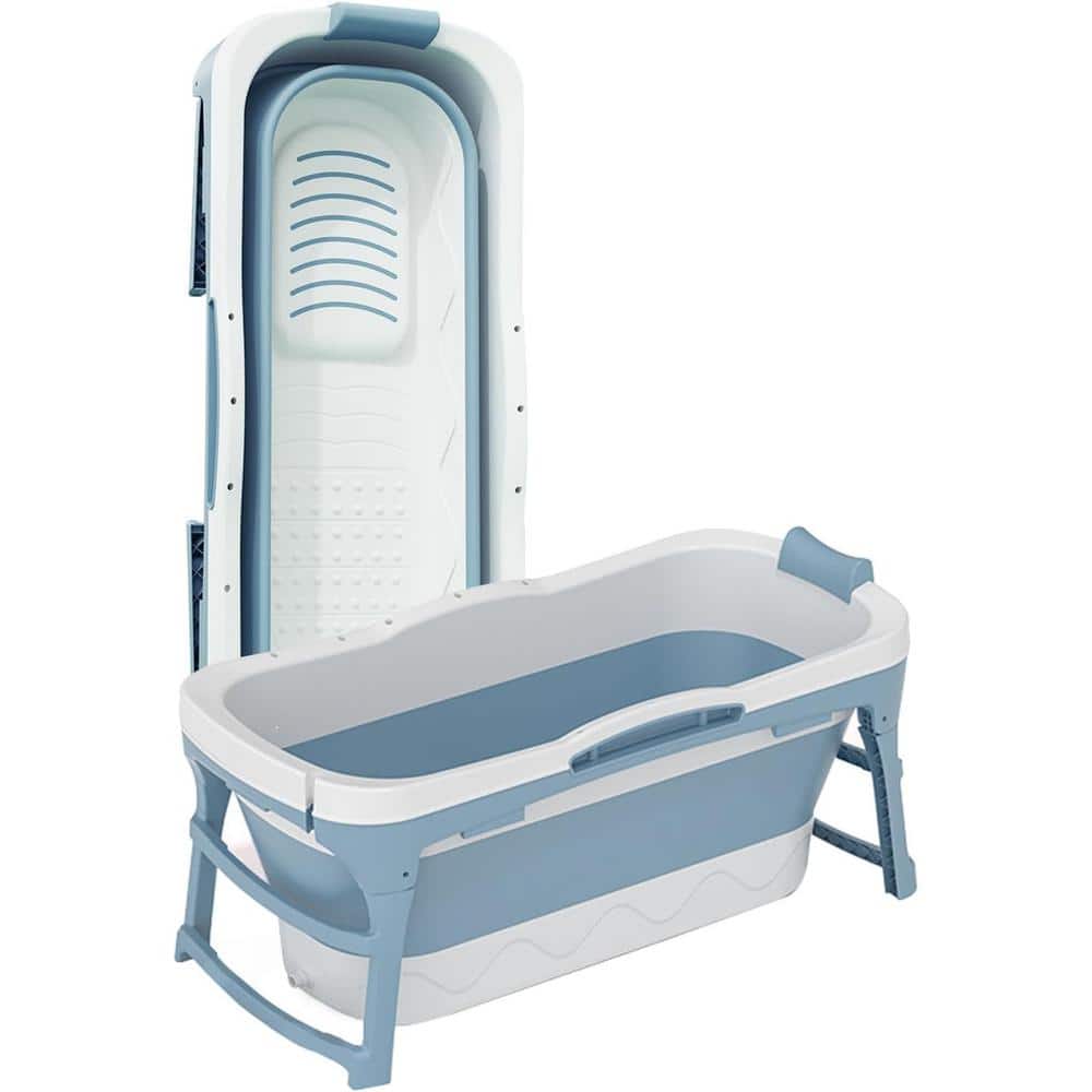 56 in. x 24 in. Collapsible Soaking Bathtub with Right Drain in Blue, Porta