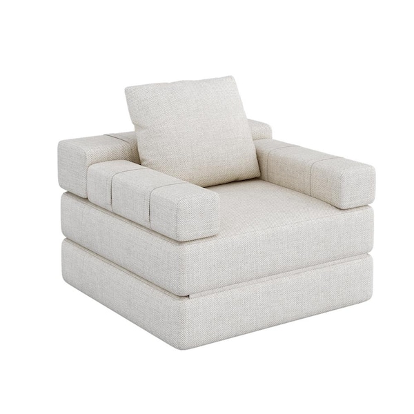 Unbranded Creamy White Linen Metal Outdoor Sofa Couch with Cushions, Converts to Single Sofa Bed for Living Room, Guest Room
