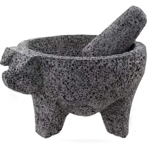 8.6 in. Mexican Hand-made Lava Stone Mortar and Pestle Ideal as Herb Bowl, Spice Grinder with Pig Design