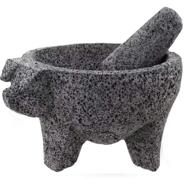 Adrinfly 8.6 in. Mexican Hand-made Lava Stone Mortar and Pestle Ideal as Herb Bowl, Spice Grinder Pig Design