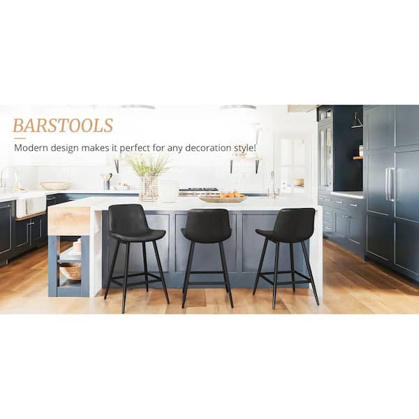 35 in. Black 24 in. Low Back Metal Frame Cushioned Counter Height Bar Stool with Faux Leather Seat (Set of 3)