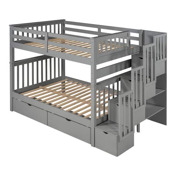 Detachable Style Gray Full over Full Wood Bunk Bed with Storage Staircase, 6-Drawer, Shelves