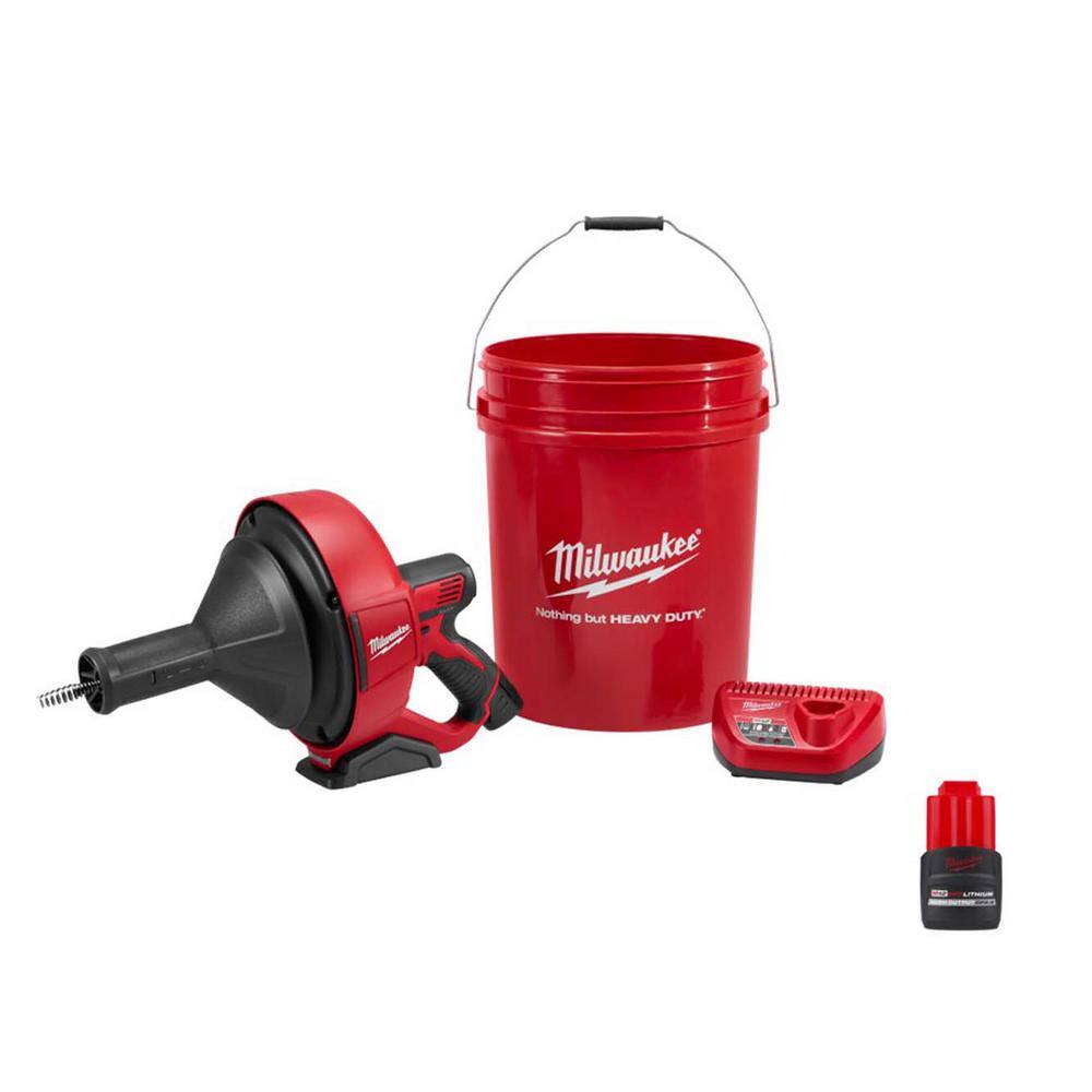 Milwaukee M12 12-V Lithium-Ion Cordless Drain Snake Auger Kit w/5/16 in. x 25 ft. Cable & M12 High Output 2.5 Ah Battery