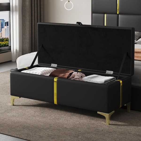 Harper & Bright Designs Black 47.2 in. W PU Upholstered Bedroom Bench, Entryway Storage Bench with Metal Legs