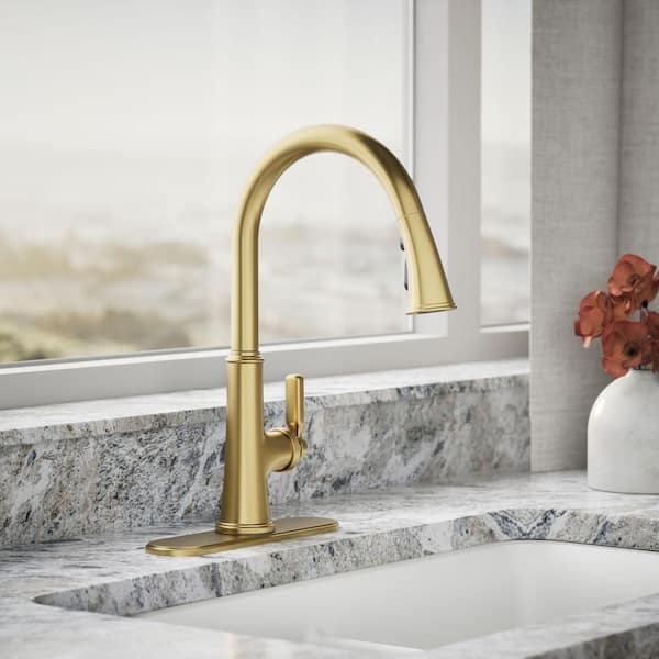 Adva Single Handle 3-Function Pull Down Sprayer Kitchen Faucet In Vibrant Brushed Moderne Brass