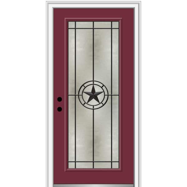 MMI DOOR Elegant Star 32 in. x 80 in. Right-Hand Full Lite Decorative Glass Burgundy Painted Fiberglass Prehung Front Door