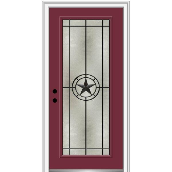 MMI Door Elegant Star 32 in. x 80 in. Right-Hand Full Lite Decorative Glass Burgundy Painted Fiberglass Prehung Front Door