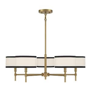 30 in. W x 9 in. H 5-Light Natural Brass Chandelier with White/Black Fabric Shades