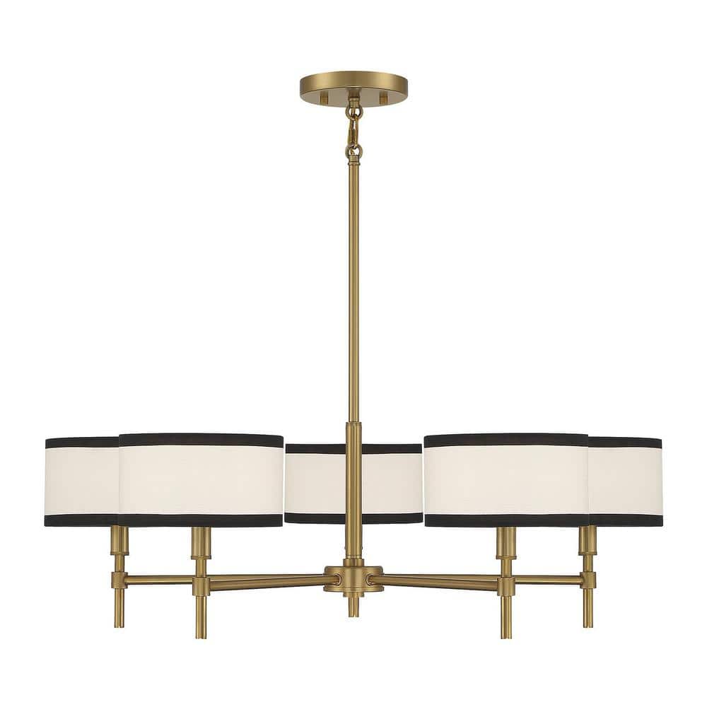 Meridian Classic 5-Light Chandelier in Natural Brass with Two-Tone Drum Shades