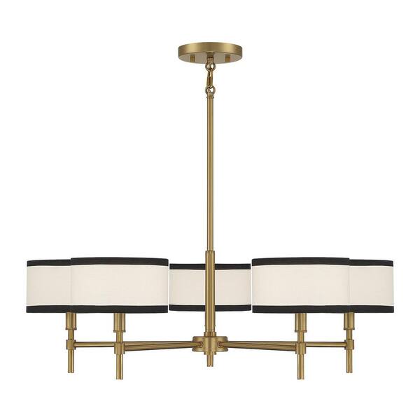 TUXEDO PARK LIGHTING 30 in. W x 9 in. H 5-Light Natural Brass Chandelier with White/Black Fabric Shades