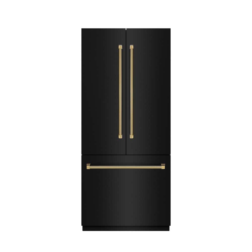 ZLINE Kitchen and Bath Autograph 36 in. Black Stainless Steel French Door Built-In Bottom Freezer 19.6 cu ft Refrigerator and Gold Helix Handle