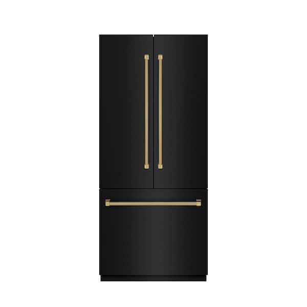 Autograph 36 in. Black Stainless Steel French Door Built-In Bottom Freezer 19.6 cu ft Refrigerator and Gold Helix Handle