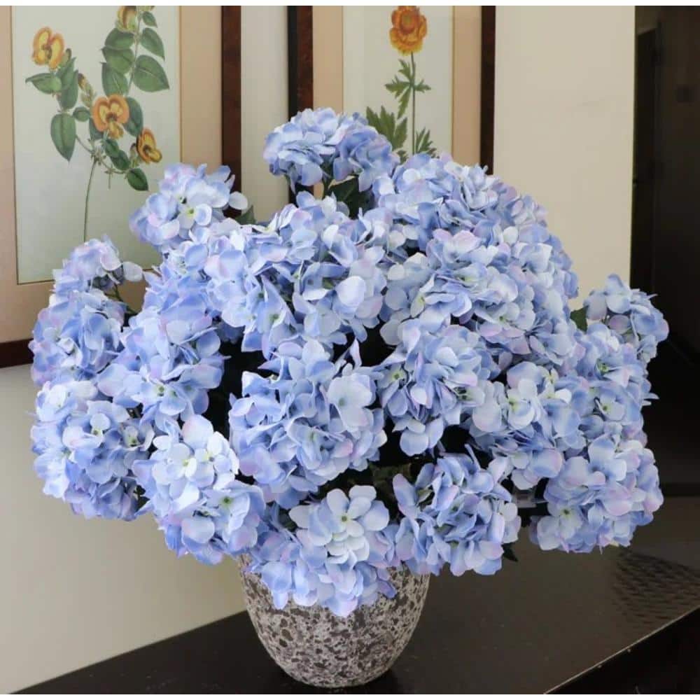 20 in. Magenta Blue Artificial Hydrangea Bush Centerpiece Realistic 7-Head 
