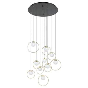 Portocolom 23 in. W x 94.5 in. H 10-Light Black Statement LED Pendant Light with Brass Rings and White Glass Spheres