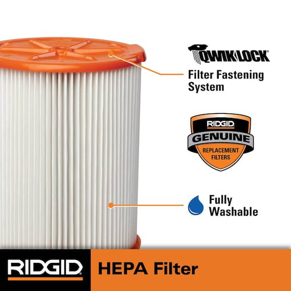 Genuine Pleated HEPA Replacement Wet Dry Vac Shop Vacuum Filter for Most 5-16 Gal. RIDGID Wet Dry Vacs (1-Pack) VF8000