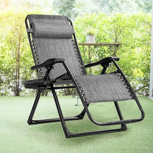 Gray Metal Outdoor Folding Zero Gravity Lounge Chair Recliner with Cup Holder Tray Pillow
