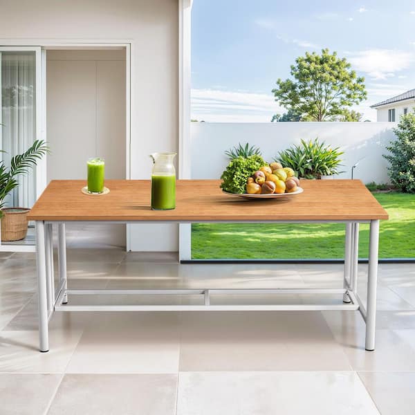 BoulderSeat White Rectangle Metal Outdoor Coffee Table with Natural Wooden-Grain Finish Table Top