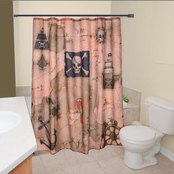 Pirate Treasure Map Orange Style Bathroom Fabric Shower Curtain Set 71Inches 