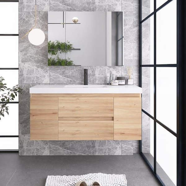 Unbranded 48 in. W x 19.5 in. D x 22.5 in . H Single Sink Wall Mounted Bathroom Vanity in F. Oak with White Cultured Marble Top