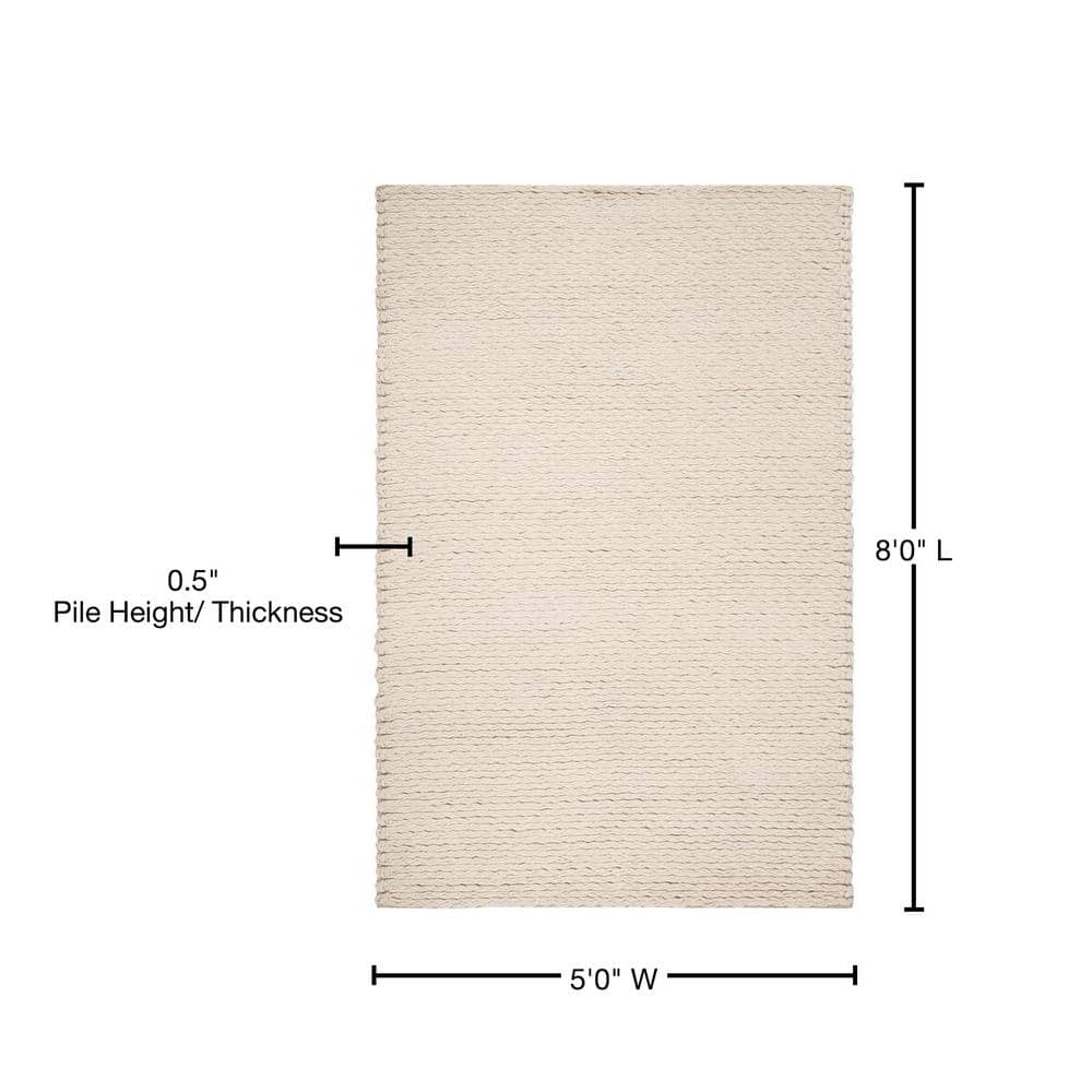 Ivory Braided Hand-Tufted Wool Square Area Rug, 5' x 8'