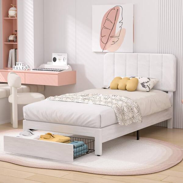 VECELO Platform Storage Bed White Metal Frame Twin Platform Bed