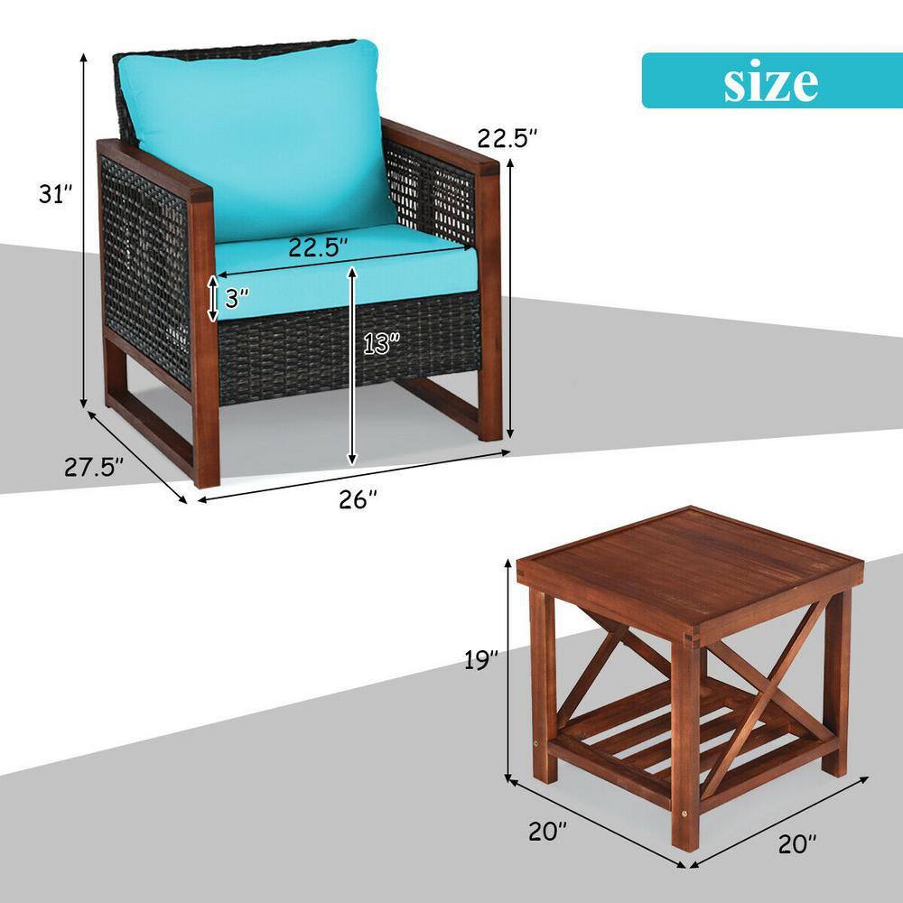 Turquoise Cushioned Armchair Set with Wooden Frame and Table