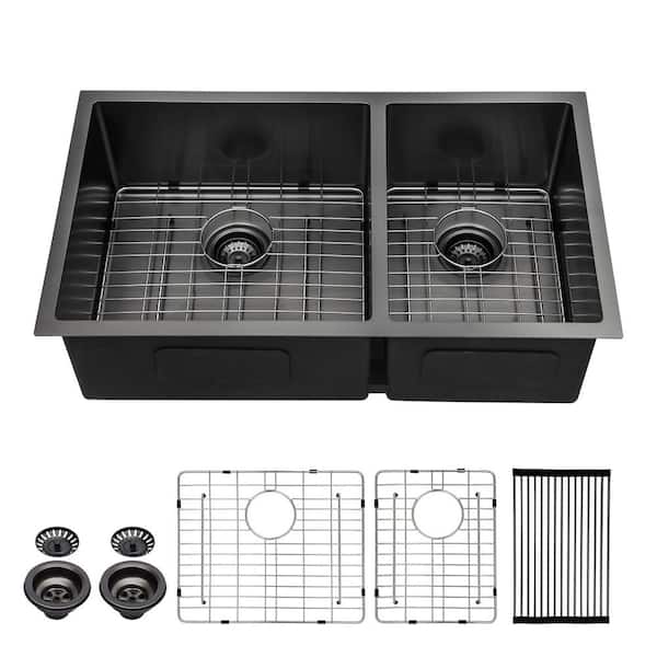 33 in. Undermount 60/40 Double Bowl 16-Gauge Gunmetal Black Stainless Steel Kitchen Sink 10in. Deep Basin w/ Bottom Grid