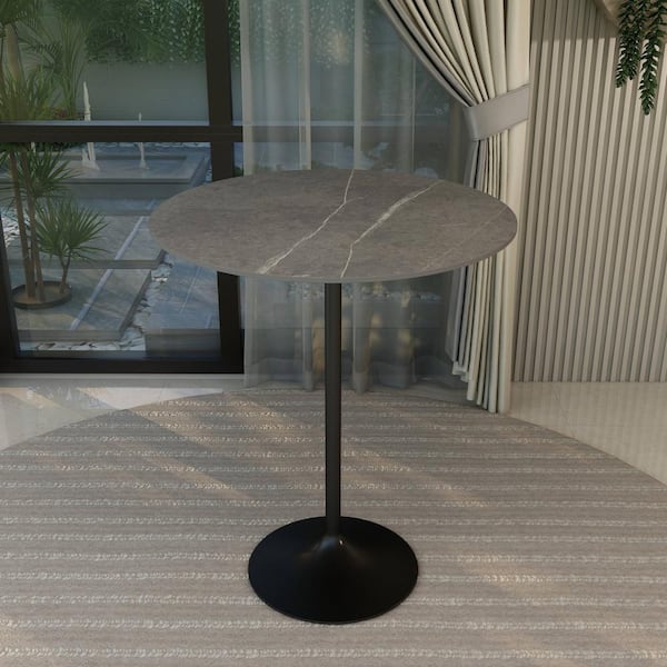 Round 36 in. Bar Height Dining Table with Sintered Stone Top and Black Steel Pedestal Base Verve Series in Marble Grey