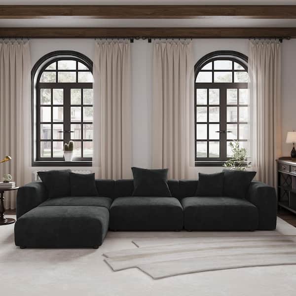 141.72 in. Square Arm Corduroy Velvet 4-Pieces Modular Free Combination Sectional Sofa with Ottoman in Black