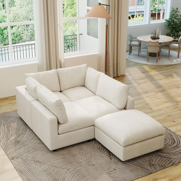 100 in. Square Arm 5-Piece Chenille L-Shaped Modualr Sectional Sofa with Detachable Covers, Ottoman in. Beige for Office