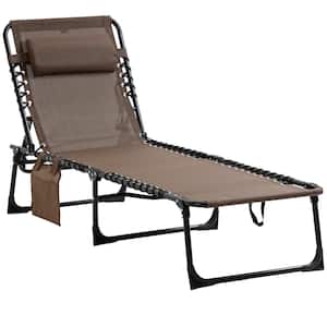 Metal Outdoor Chaise Lounge, Mesh Folding Chair Recliner with Adjustable Backrest, Headrest and Storage Bag, Brown