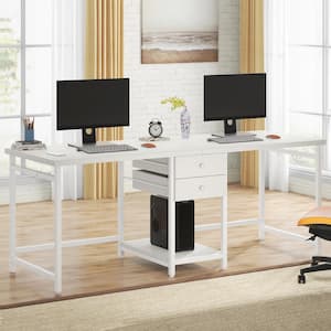 Perry 78 in. Rectangle White Storage Shelves 2-Drawers Computer Double Desk, Large Long Writing Table Study Desks