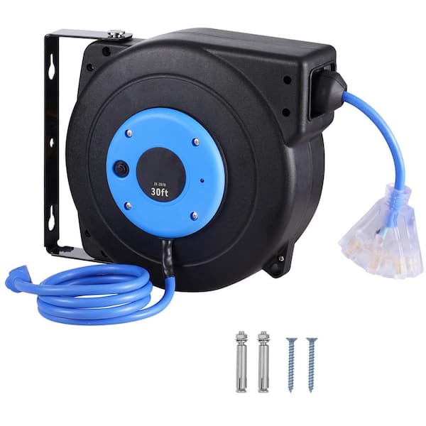 30 ft., 16 Gauge / 3 Conductors, 10 Amps Retractable Extension Cord Reel with 3-Outlets. Heavy Duty 16AWG/3C SJTOW Cord