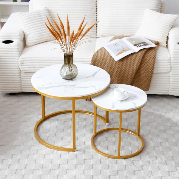 39.3 in. White/Gray Round MDF Coffee Table for Living Room