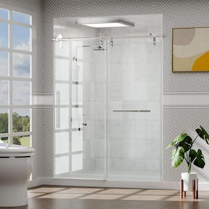 56-60 in. W x 76 in. H Frameless Glass Shower Door, Stainless Steel Handle, Noiseless, Waterproof, Shatterproof, Silver