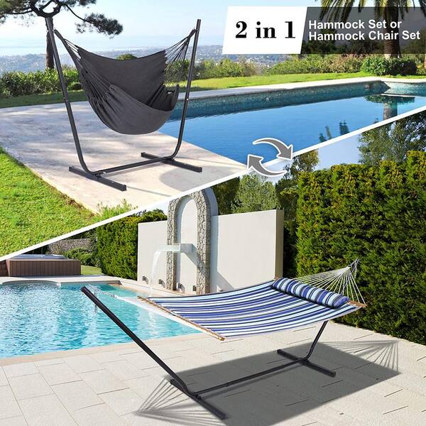 Atesun 12 ft. 2-in-1 Indoor/Outdoor Hammock Swing Chairs with Stand  Included, Heavy-Duty Hammock in Blue Stripes (2-Person) STAND008M-1 The  Home Depot