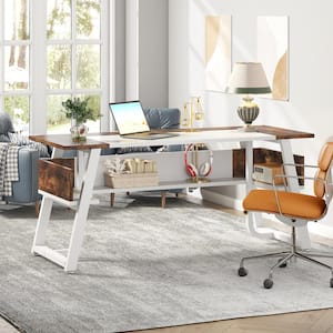 Moronia 63 in. Rectangular White and Brown Wood Open Drawer Executive Office Desk with Bottom Storage Shelves