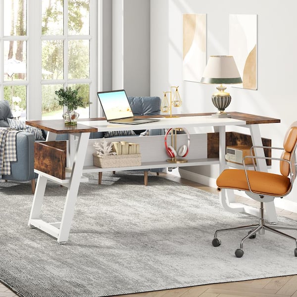 BYBLIGHT Moronia 63 in. Rectangular White and Brown Wood Open Drawer Executive Office Desk with Bottom Storage Shelves